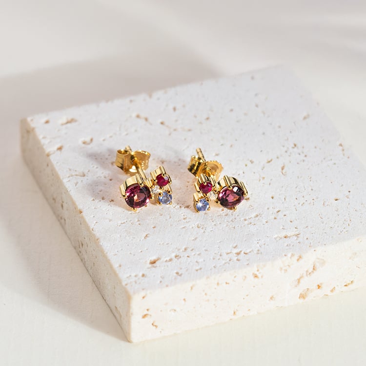 Strieborné cluster náušnice s turmalínom, tanzanitom, rubínom a diamantom Kerrie 151077