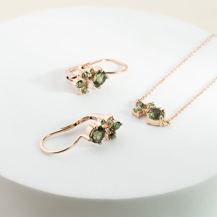 Set cluster šperkov s vltavínmi, zafírmi a diamantmi Zino 146786