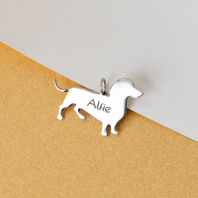 Strieborný prívesok v tvare psa s gravírom Dachshund 123111