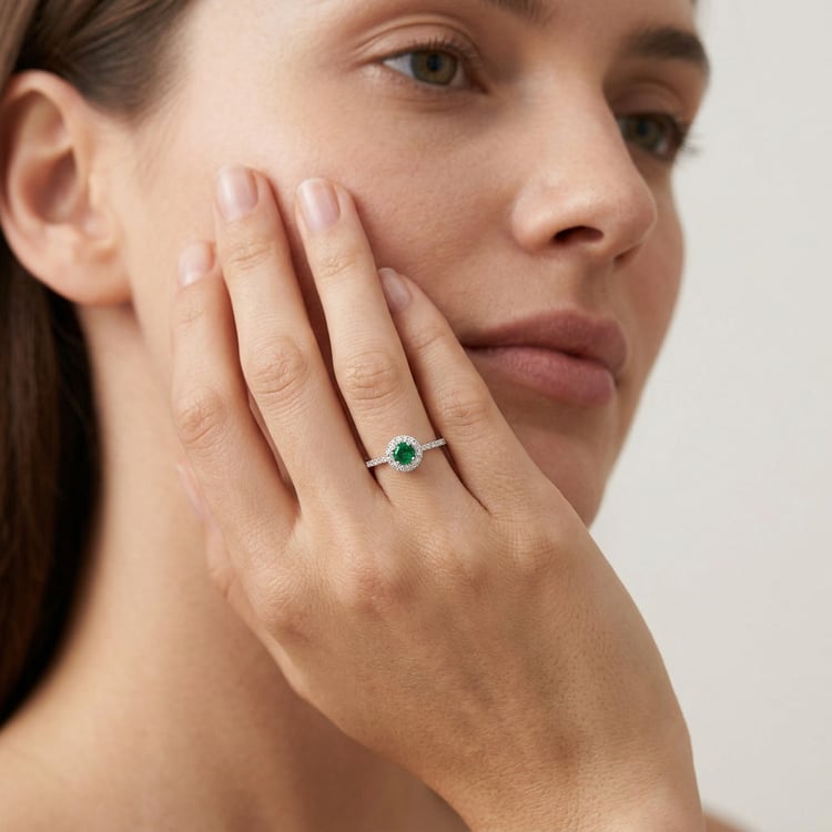 Strieborný halo prsteň so smaragdom a lab-grown diamantmi Lys 171004