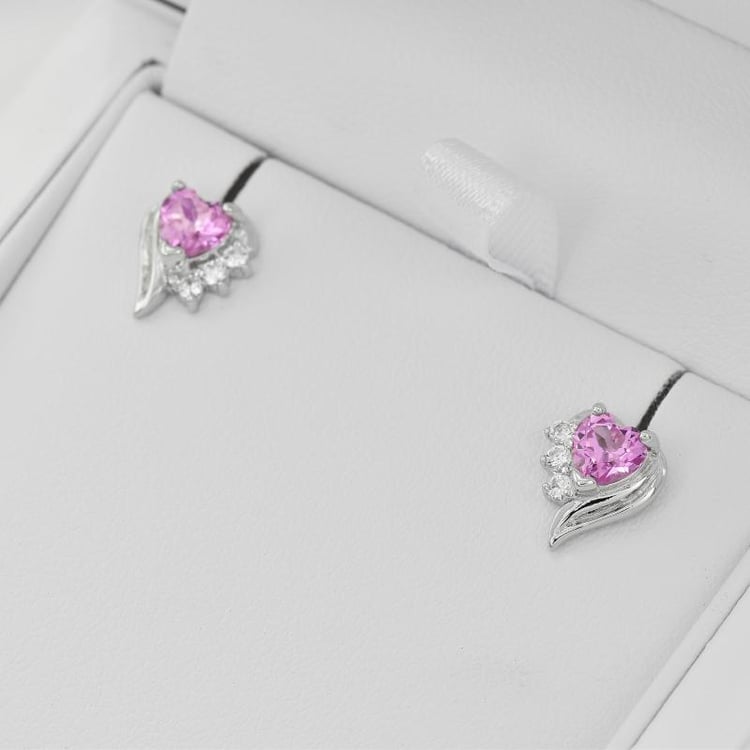  Strieborné náušnice s ružovými srdiečkovými zafírmi a zirkónmi 24469