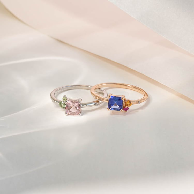 Cluster prsteň s asscher tanzanitom, padparadscha zafírom, rubínom a diamantom Esme 119294