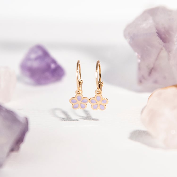 Zlaté detské náušnice s fialovými kvietkami Laylah 107942