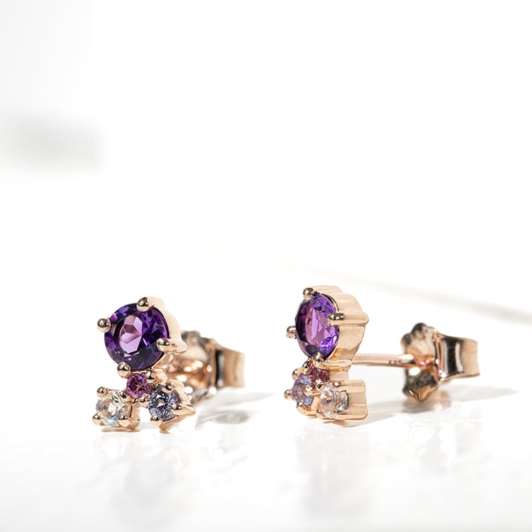 Strieborné cluster náušnice s ametystmi a drahokamami Kerrie 127867