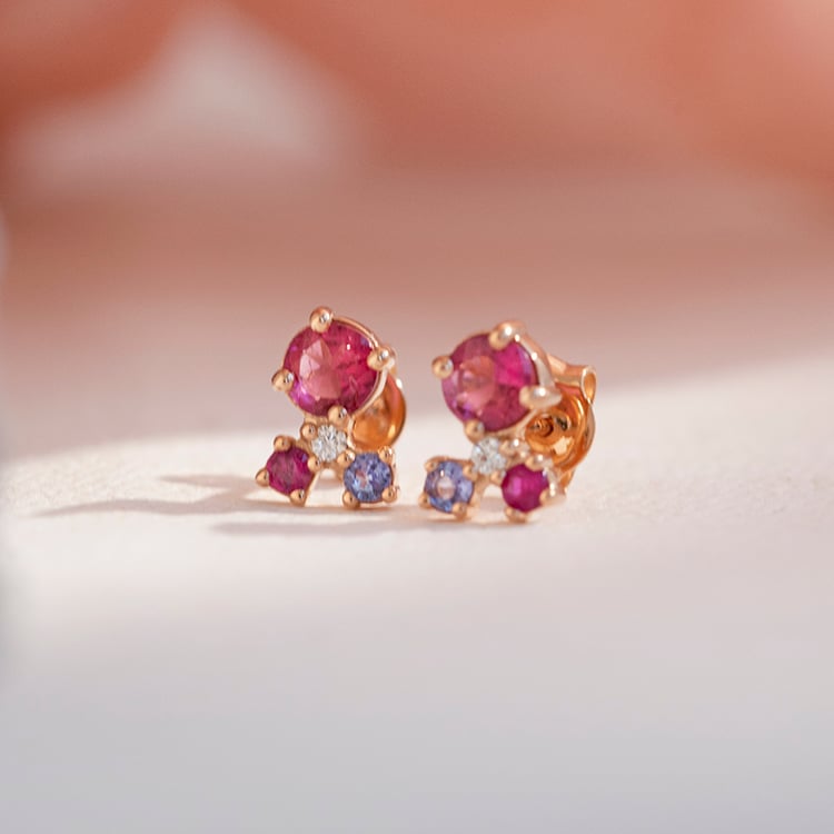 Strieborné cluster náušnice s turmalínom, tanzanitom, rubínom a diamantom Kerrie 116121