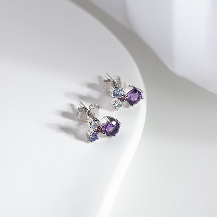 Fialové cluster náušnice s ametystmi a drahokamami Kerrie 150971