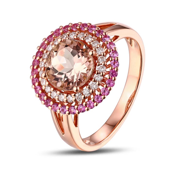 Zlatý morganitový prsteň s diamantmi a zafírmi