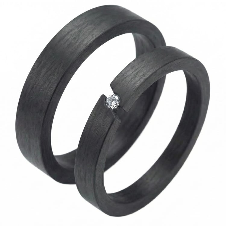 Ploché karbónové svadobné obrúčky s diamantom Jammu