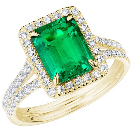 Zlatý halo prsteň s emerald lab-grown smaragdom a diamantmi Billy