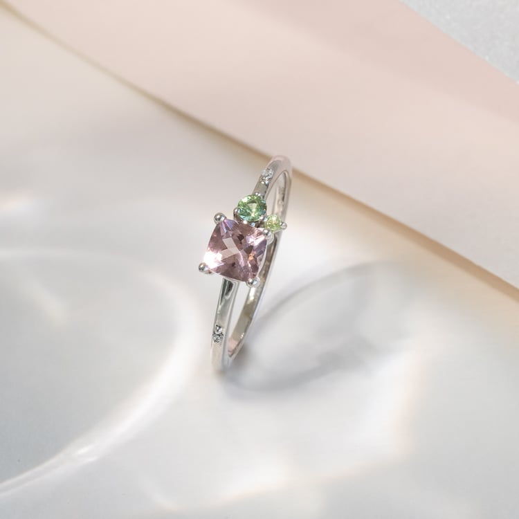 Cluster prsteň s morganitom, zafírom, olivínom a diamantmi Esme 124777