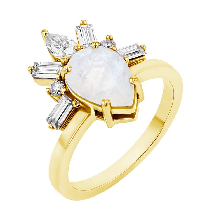 Zlatý zásnubný prsteň s mesačným kameňom a moissanitmi 75134