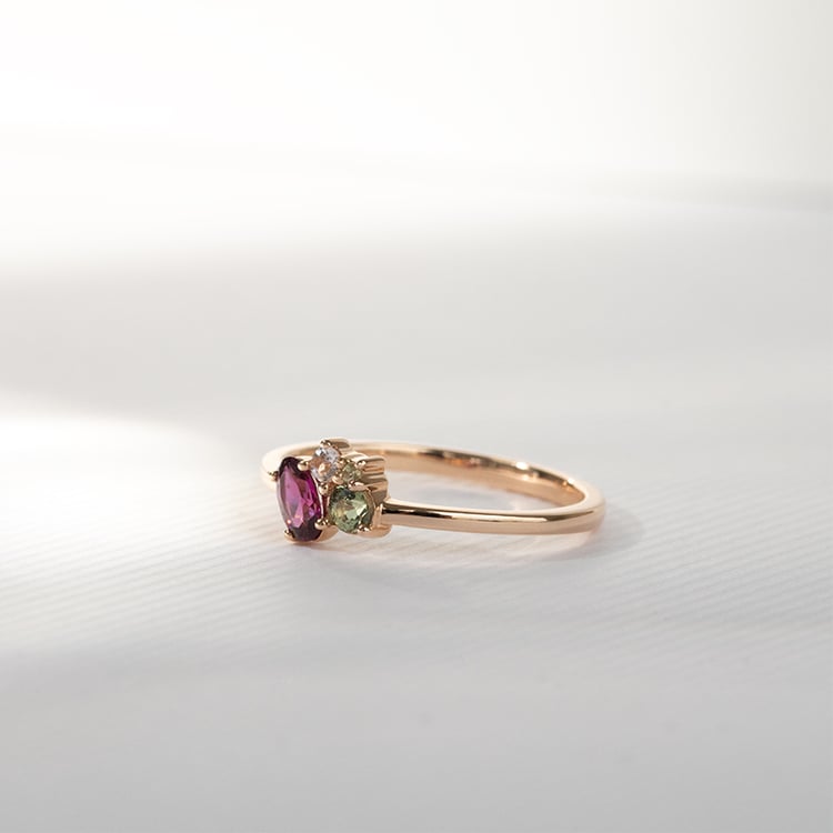 Cluster prsteň s rhodolit granátom, zafírom, morganitom a olivínom Merche 121634