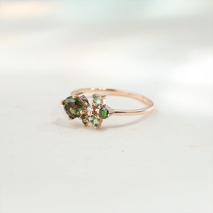 Cluster prsteň s vltavínom, zafírmi a diamantmi Irma 146772