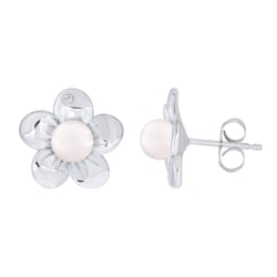 Jemné náušnice v tvare kvetu s bielou perlou a lab-grown diamantom Abhishek