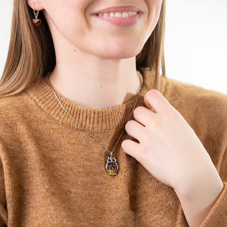 Strieborný jantárový prívesok v tvare sovy Hibou 150888