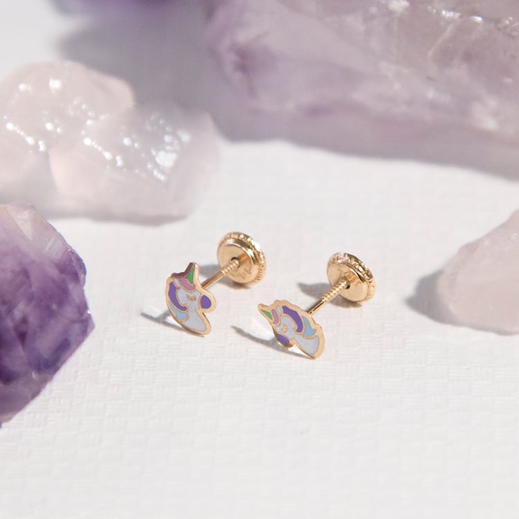 Zlaté detske skrutkovacie náušnice s jednorožcami Sherri 107943