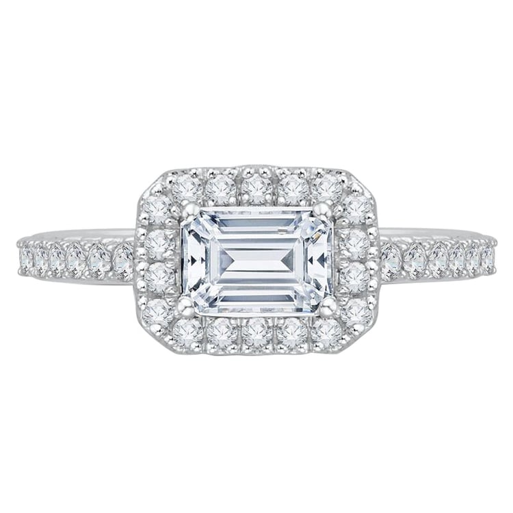 Zlatý zásnubný prsteň s emerald diamantom v halo štýle 60549