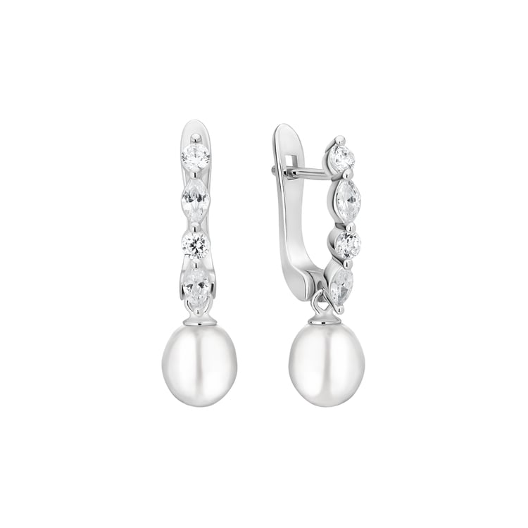 Strieborné jednoduché visiace náušnice s perlou a zirkóny Vanda