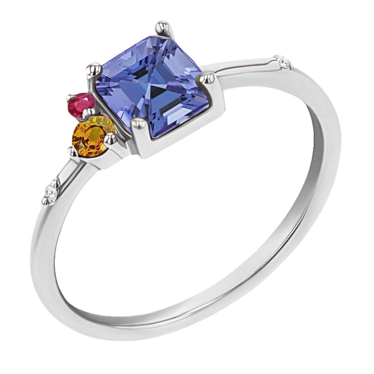 Cluster prsteň s asscher tanzanitom, padparadscha zafírom, rubínom a diamantom Esme