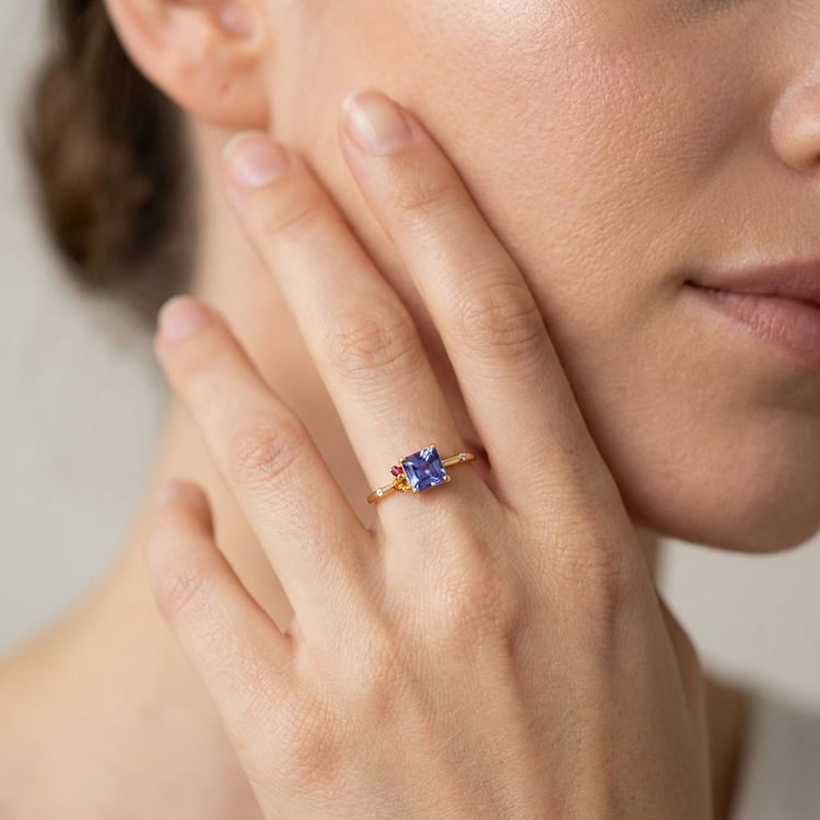 Cluster rozvodový prsteň s asscher tanzanitom, padparadscha zafírom, rubínom a diamantom Dennis 166257