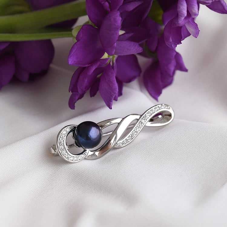 Brošna s čiernou perlou a zirkónmi zo striebra 83584