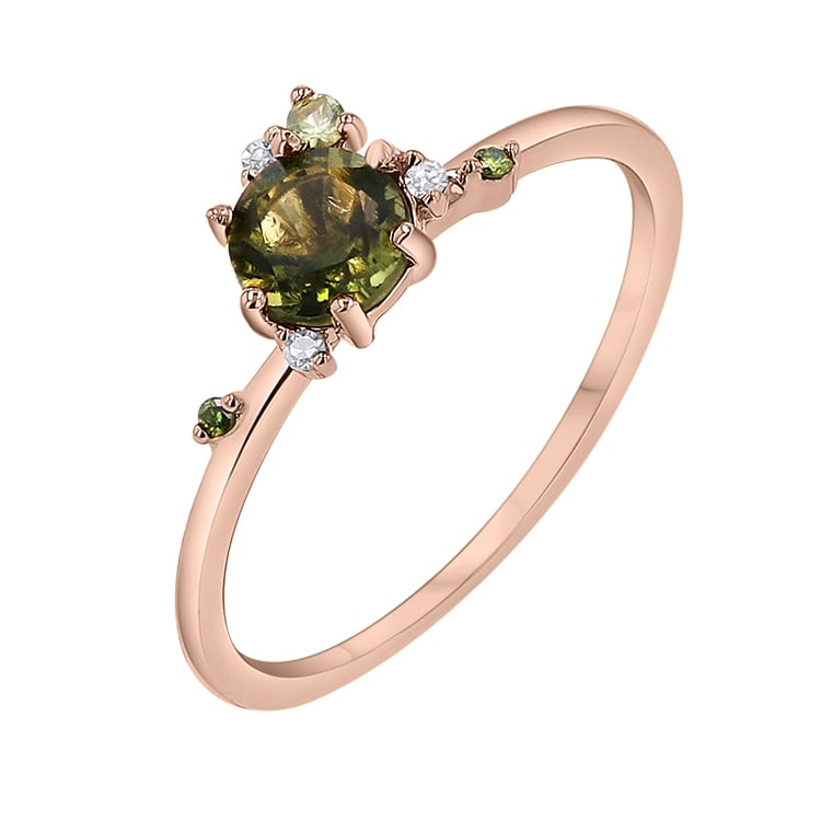 Cluster zásnubný prsteň s vltavínom, zafírom a diamantmi Rosa 145663