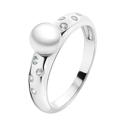 Strieborný prsteň s bielou perlou a zirkónmi Shad