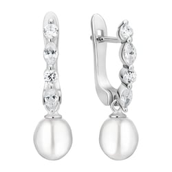 Strieborné jednoduché visiace náušnice s perlou a zirkónmi Vanda
