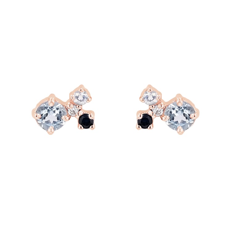 Strieborné cluster náušnice s akvamarínom, zafírom, mesačným kameňom a diamantom Kerrie 116126