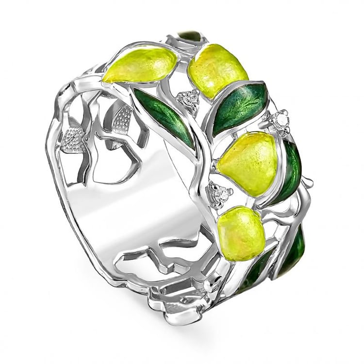 Stieborný diamantový prsteň s enamelom a citrónmi