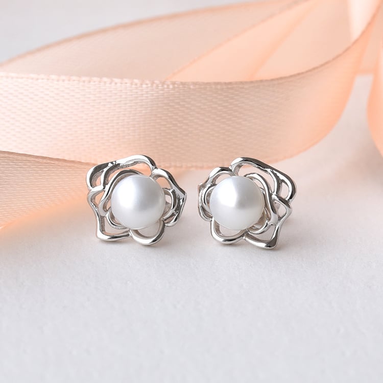 Strieborné náušnice v tvare ruže s perlou 78021