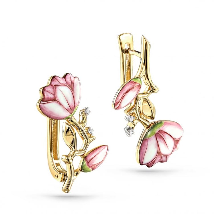 Zlaté kvetinové náušnice s enamelom a diamantmi