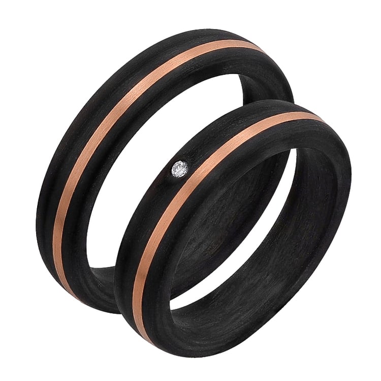 Mierne zaoblené snubné prstene z karbónu a zlata s diamantom Lise