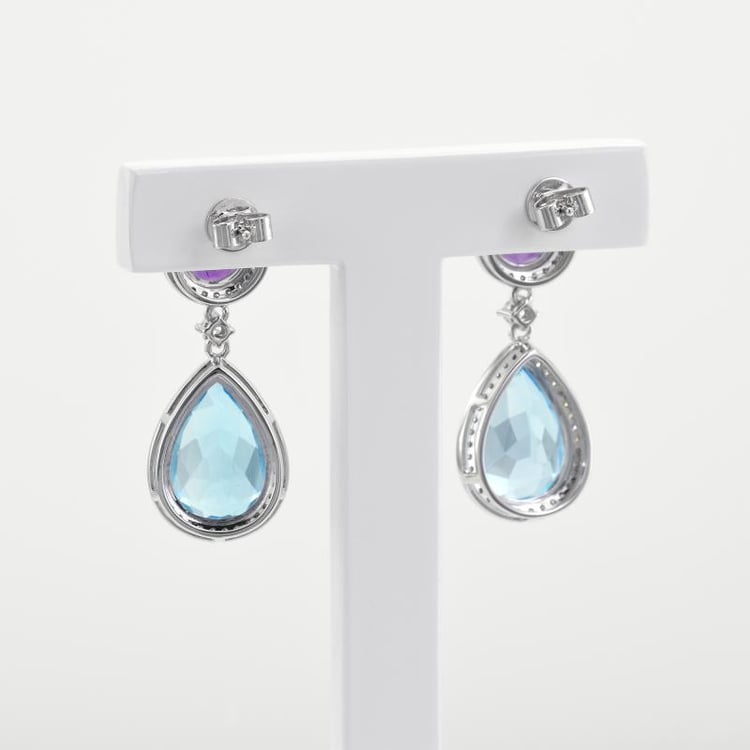 Diamantové náušnice s topásmi a ametystmi z bieleho zlata 47956