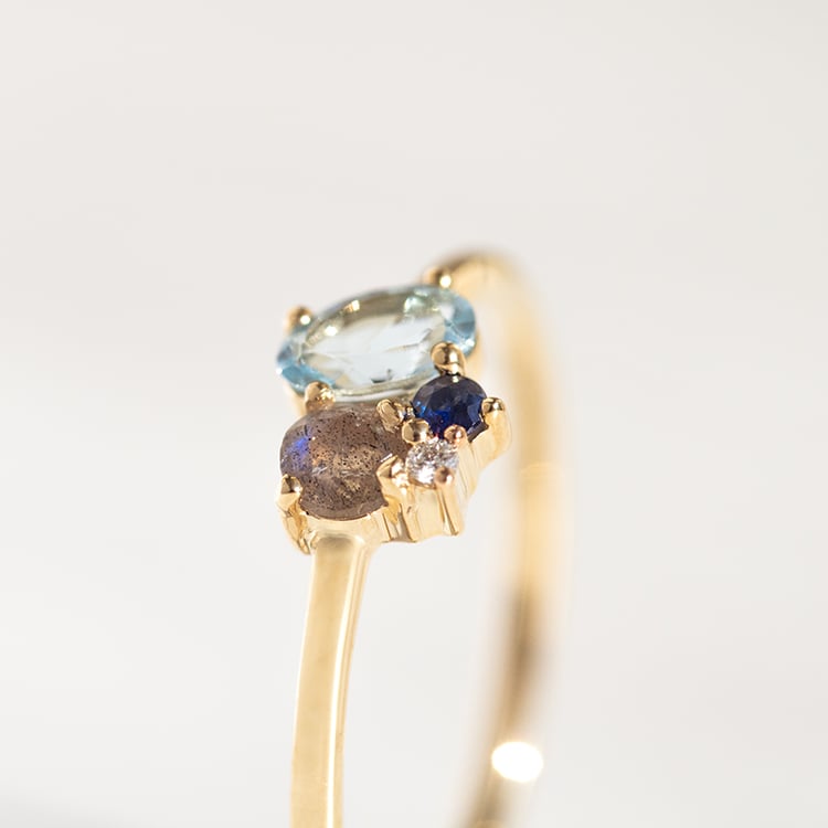 Cluster prsteň s akvamarínom, labradoritom, zafírom a diamantom Merche 145043