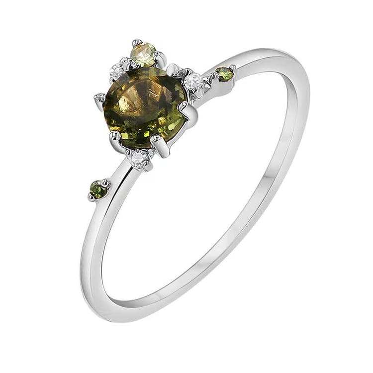 Cluster rozvodový prsteň s vltavínom, zafírom a diamantmi John 165412