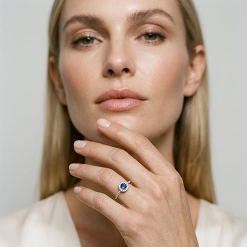 Strieborný halo prsteň s modrým zafírom a lab-grown diamantmi Lys