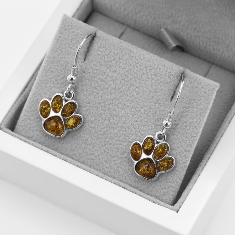 Strieborné náušnice s jantárovými labkami 52057