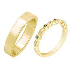 Zlatá eternity obrúčka so smaragdmi a diamantmi a plochý prsteň Harieta