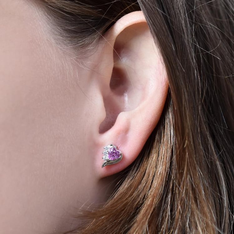 Strieborné náušnice s ružovými srdiečkovými zafírmi a zirkónmi Dvexy 24468