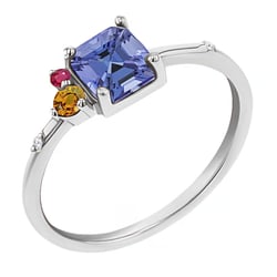 Rozvodový prsteň s asscher tanzanitom, padparadscha zafírom, rubínom a diamantom Dennis
