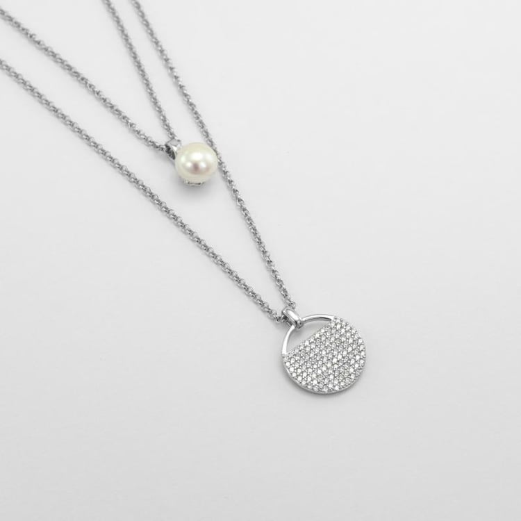 Dvojitý strieborný náhrdelník s perlou a zirkónmi Mervyn 51771