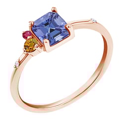 Cluster prsteň s asscher tanzanitom, padparadscha zafírom, rubínom a diamantom Esme