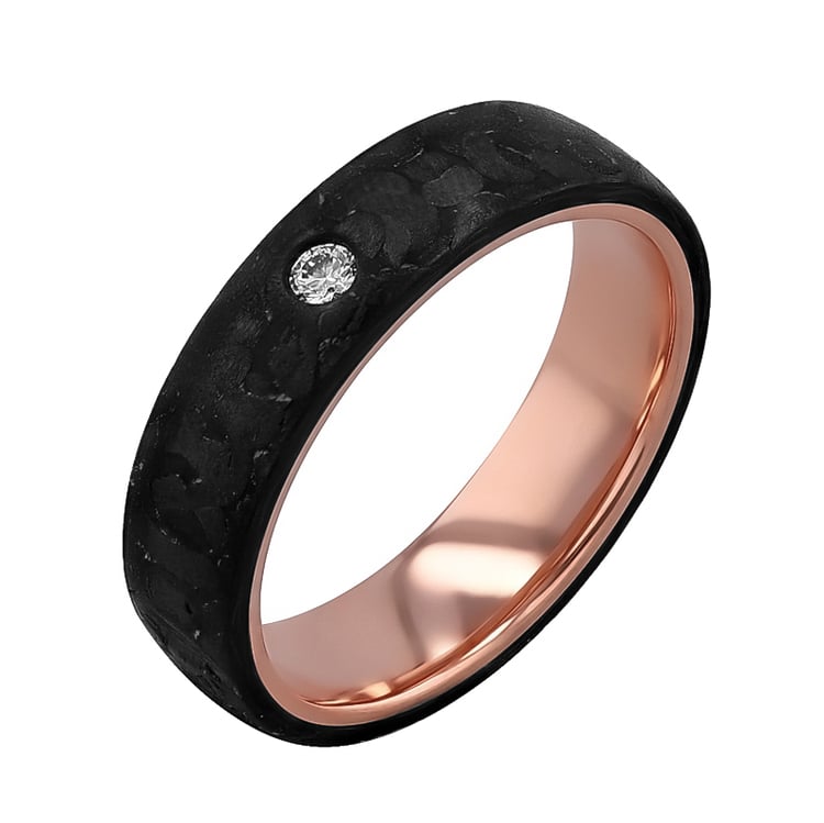 Mierne zaoblené snubné prstene z karbónu a zlata s diamantom Katu 125066