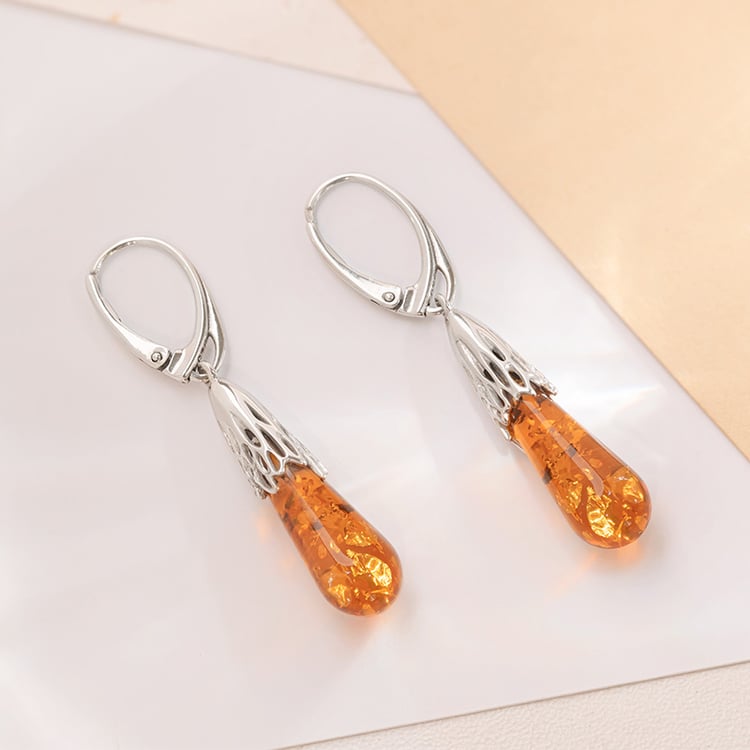 Strieborné jantárové náušnice v tvare slzičiek Rose 152776