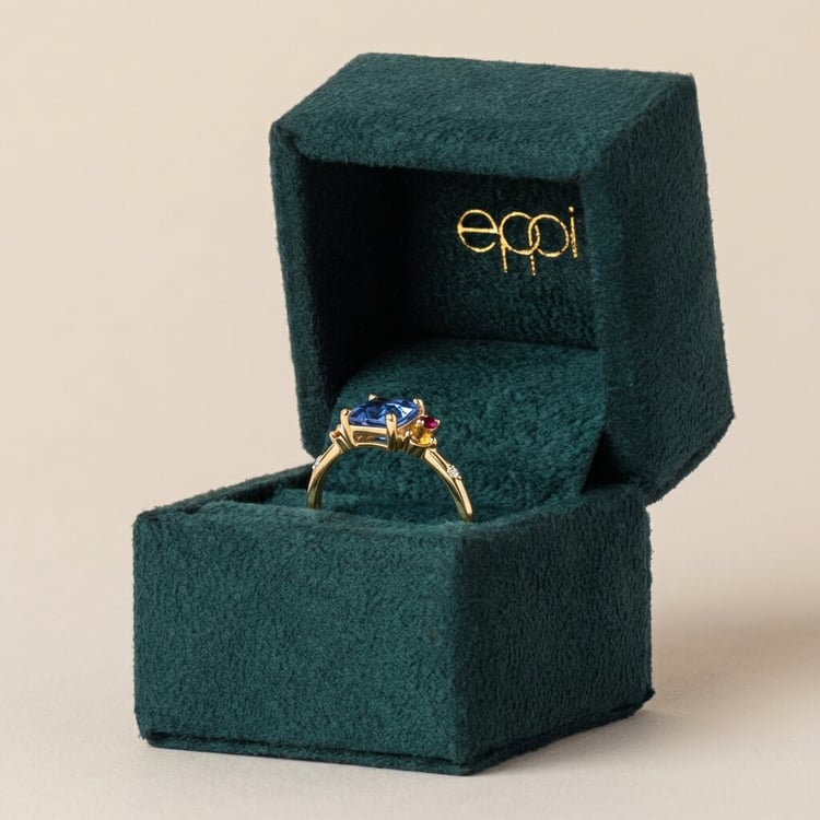 Cluster rozvodový prsteň s asscher tanzanitom, padparadscha zafírom, rubínom a diamantom Dennis 166092