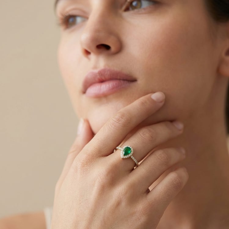 Rozvodový halo prsteň s pear lab-grown smaragdom a diamantmi Peter 166259