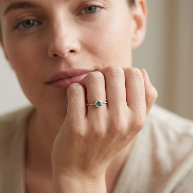 Strieborný halo prsteň so smaragdom a lab-grown diamantmi Lys 171001