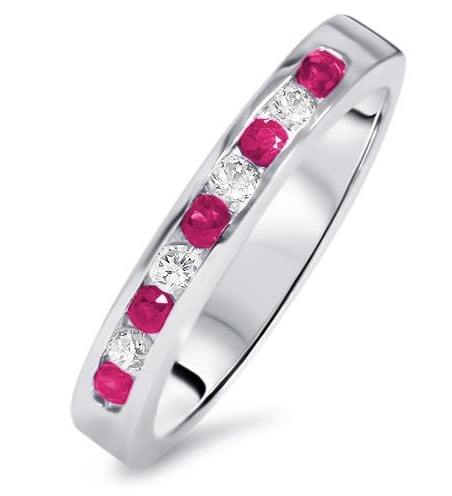 Zlatá obrůčka s diamantmi a malinovo červenými rubínmy