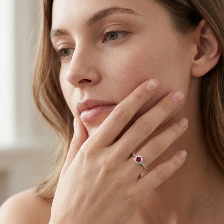 Stříbrný halo prsteň s rubínom a lab-grown diamantmi Wendy 170955